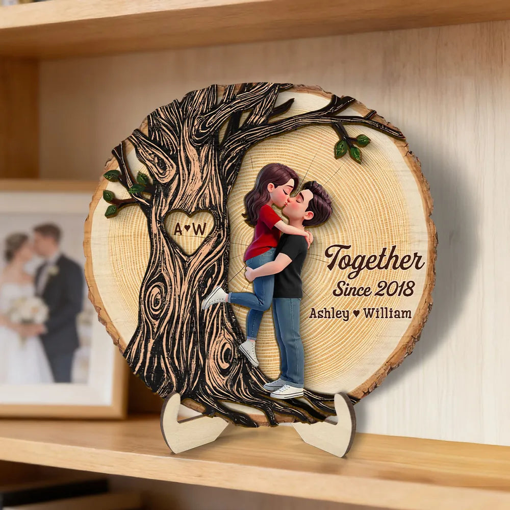 Personalized 2-Layer Wooden Plaque, Kissing Couple by Tree of Love for Anniversary Decor, A Unique Romantic Gift