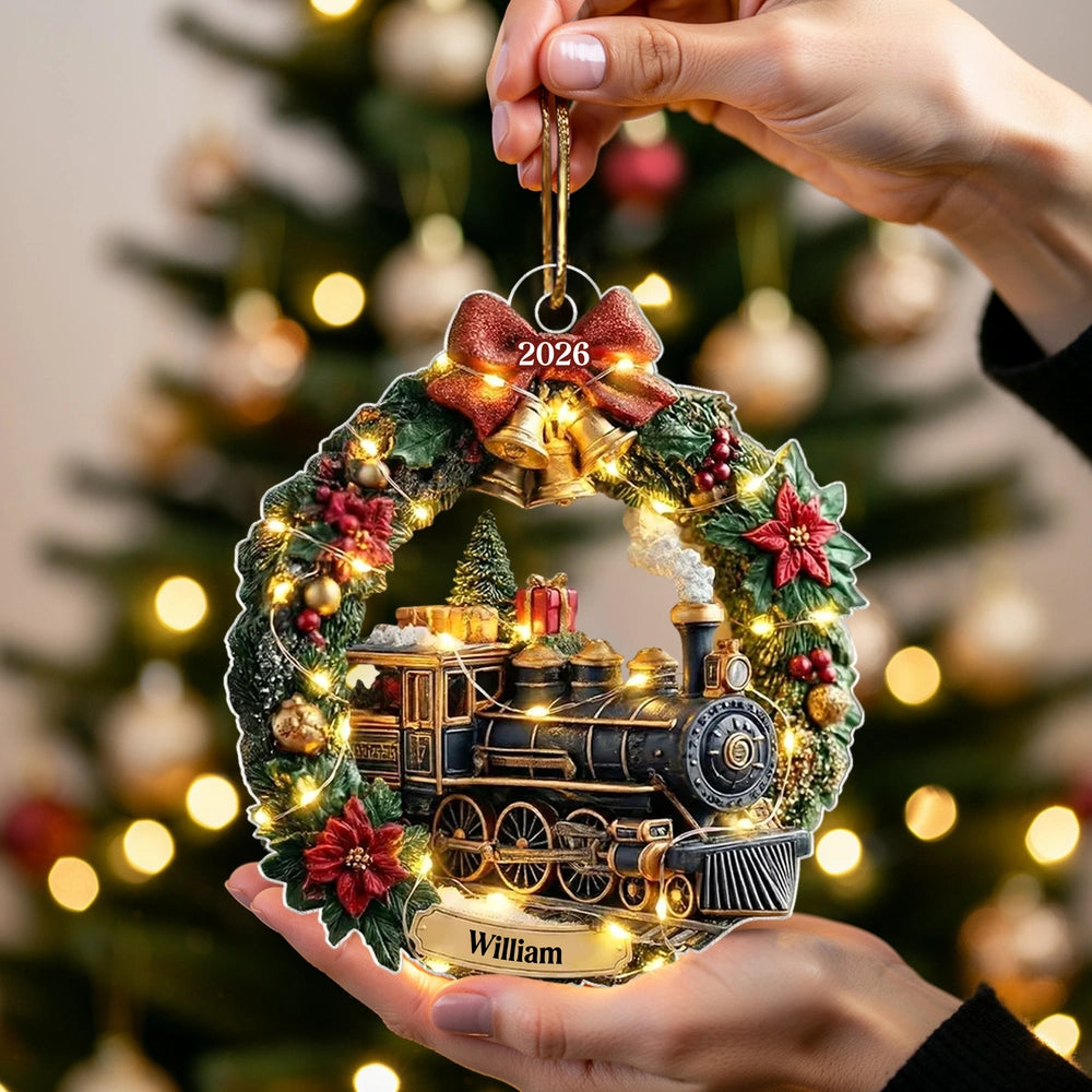 Cozy Lighted Train Wreath Acrylic Ornament, Personalized Keepsake For Holiday Home Decorating, Unique Creative Gift
