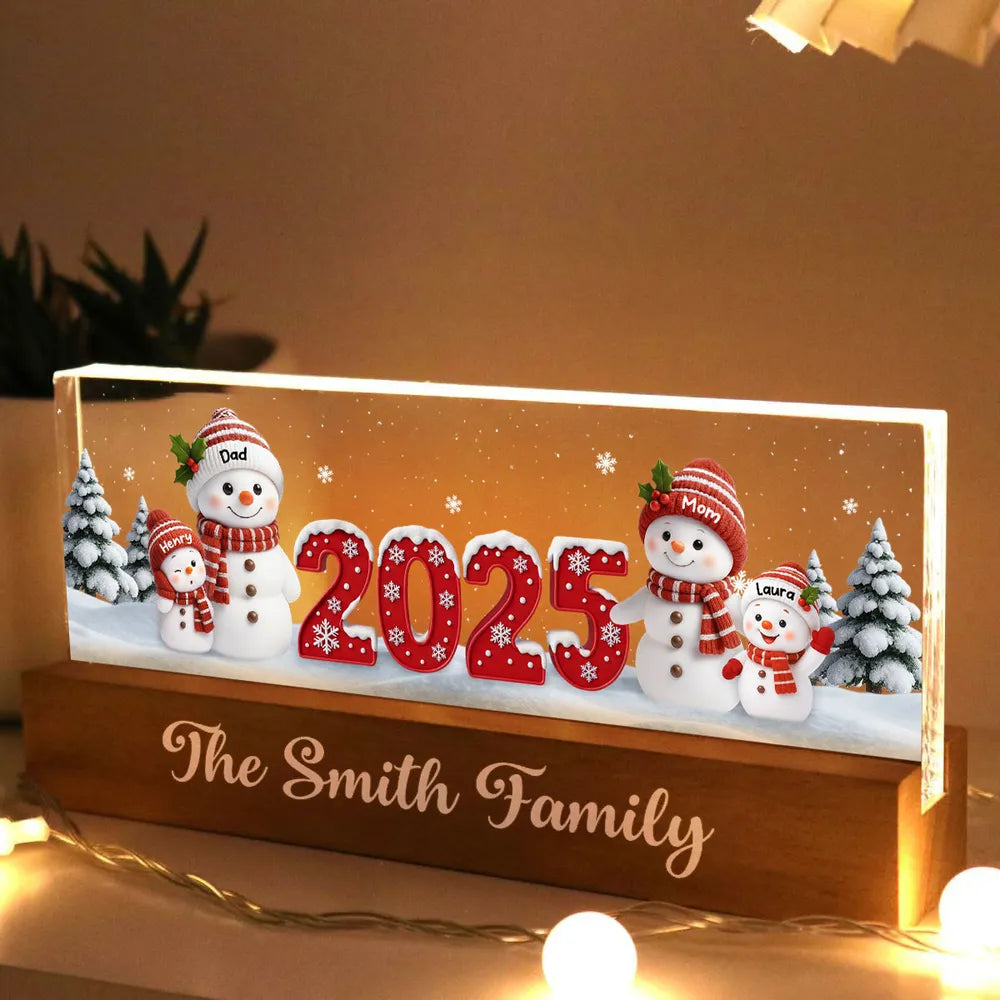 Family Snowman Block LED Light Plaque, Personalized Acrylic Night Light for Christmas, Warm Glow Decor, Unique Gift for Husband or Wife