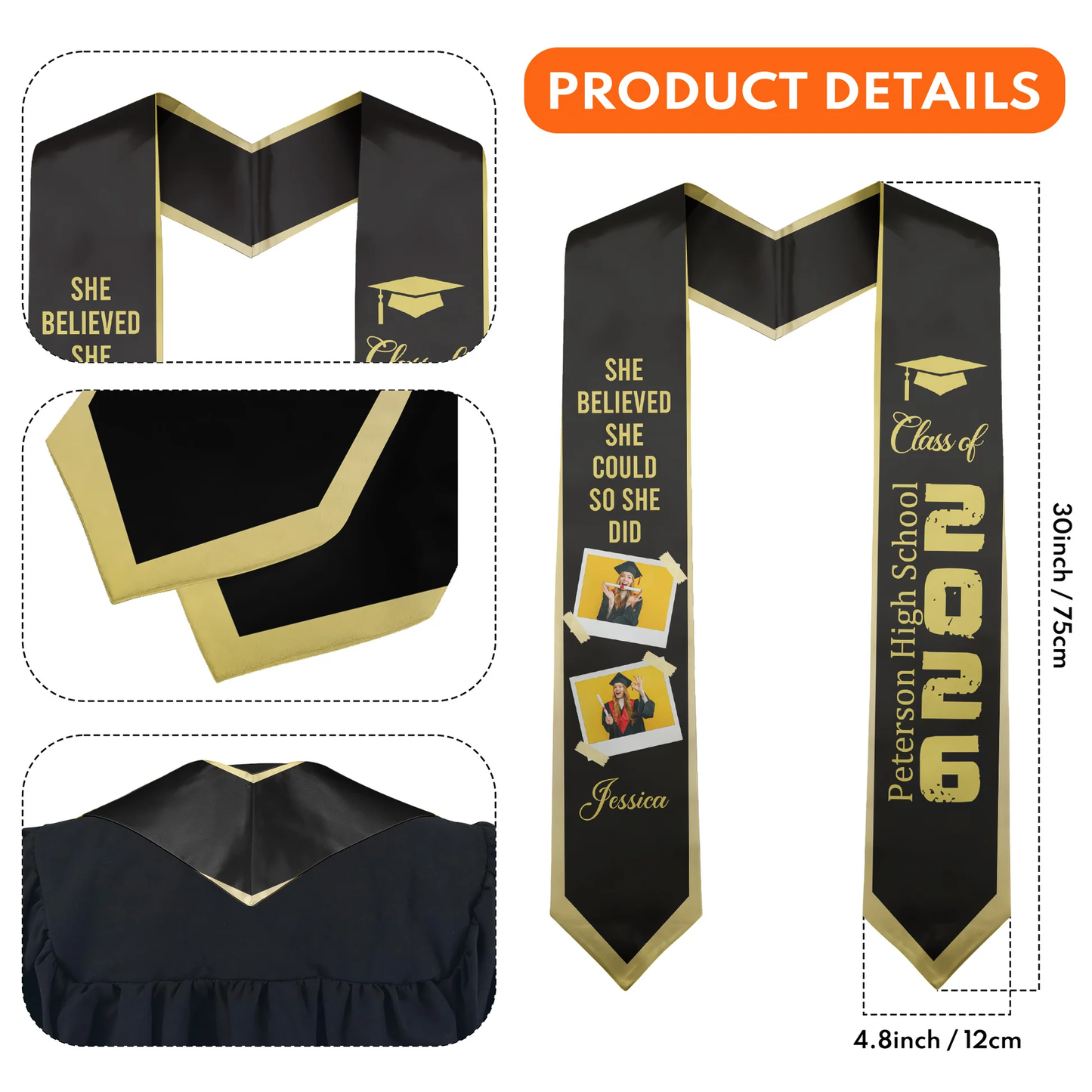 Class of Graduation Polyester Satin Stole, Personalized Photo Keepsake With Cap Icon, Meaningful Gift for Grad