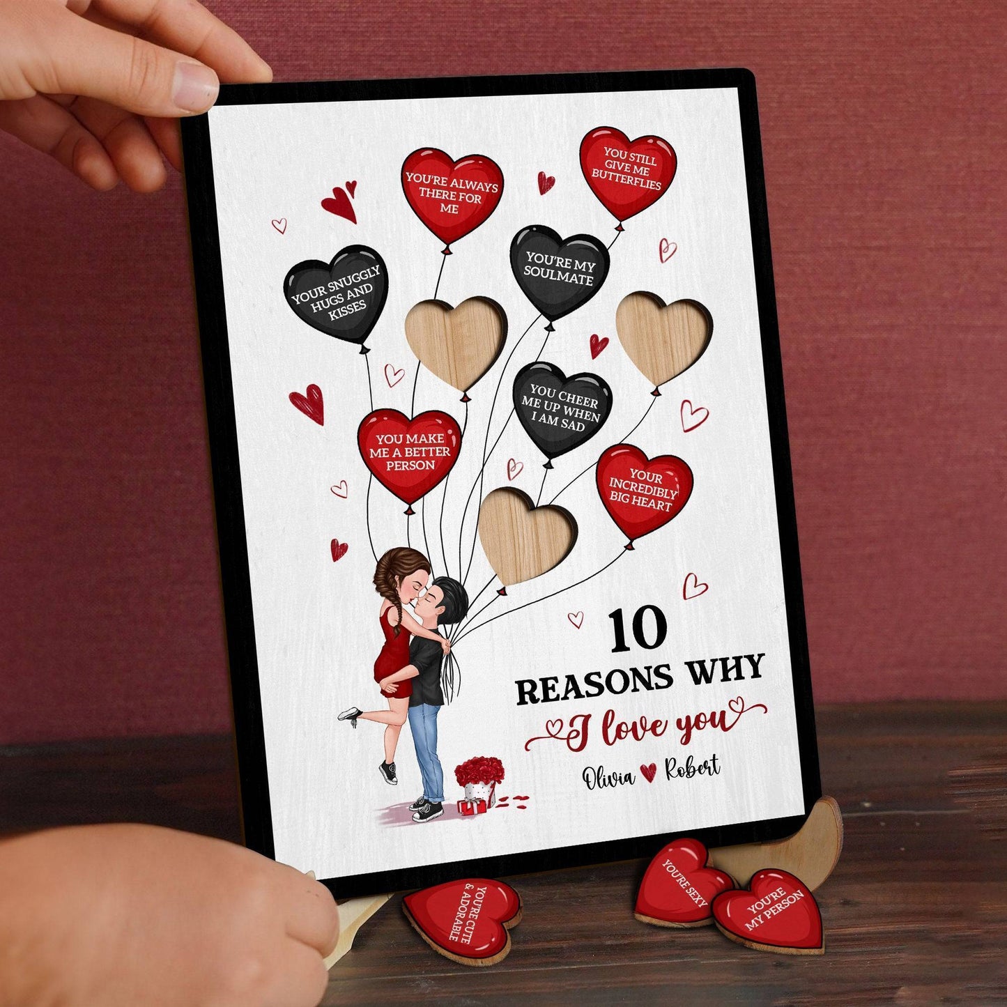 Personalized 2-Layered Wooden Plaque With Stand - Gift for Couples - 10 Reasons Why I Love You (RB)