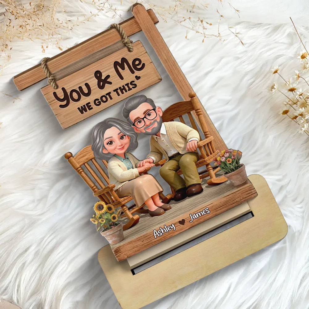 You & Me We Got This Personalized 2-Layer Wooden Plaque Sweet Couple Rocking Chair Scene for Anniversary or Valentine's Day Gift