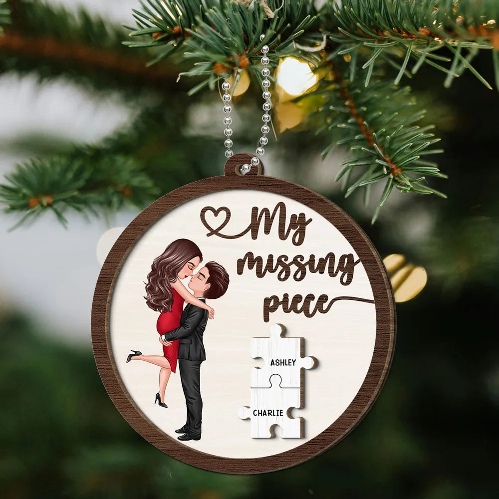 My Missing Piece Couple Hugging Kissing Personalized 2-Layer Wooden Ornament or Plaque or Keychain or Cup