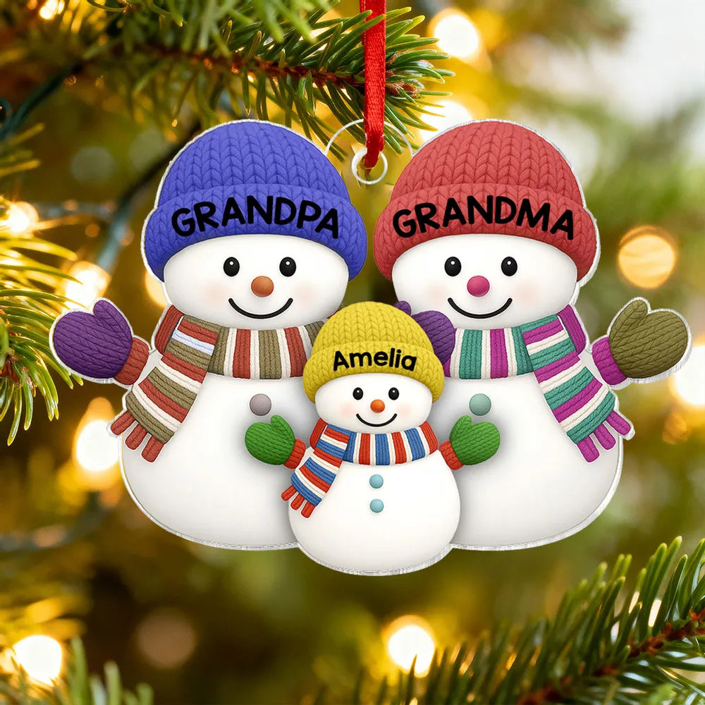 Grandparents & Grandchild Snowman Acrylic Ornament – Heartwarming Family Design, Perfect Holiday Gift