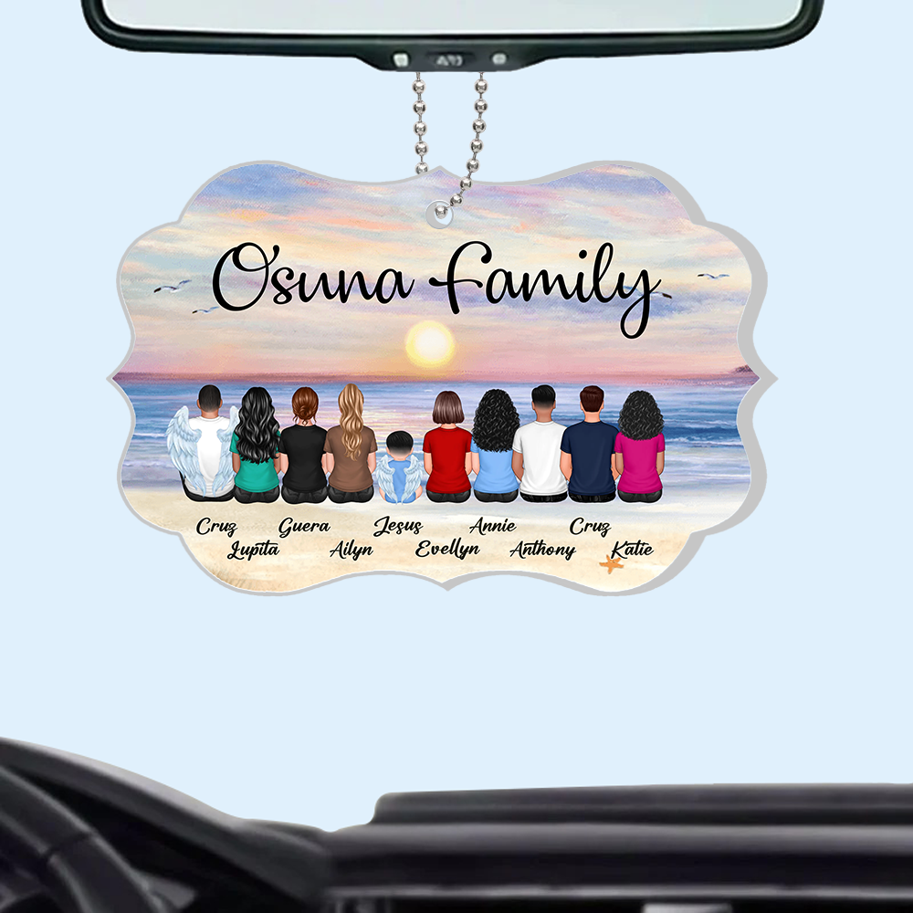 "Beach Landscape Family Sitting Back View Acrylic Or Wooden Car Hanger, Perfect Gift for Father's Day, for Dad or Grandpa"