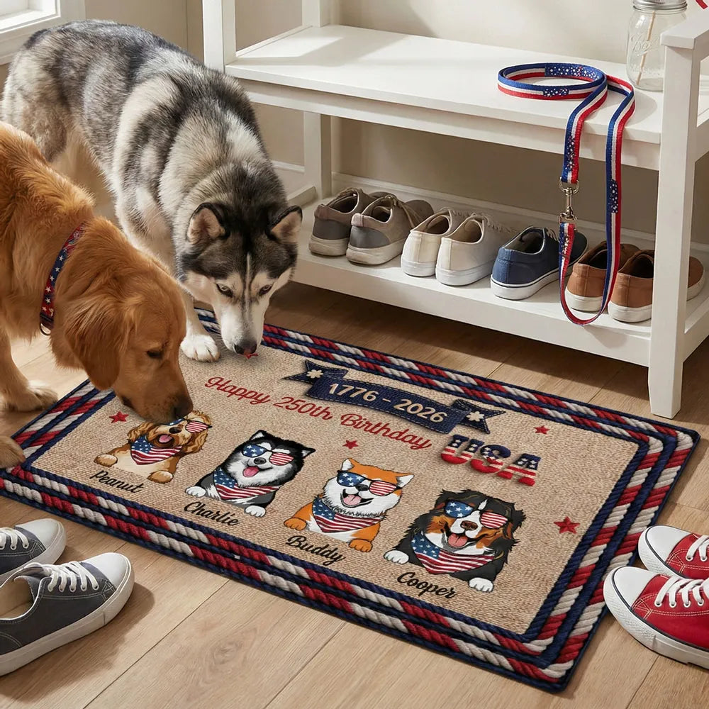 Personalized USA 250th Birthday Dog Standard Doormat for Entryway - Custom Pet Gift Idea with Patriotic Style