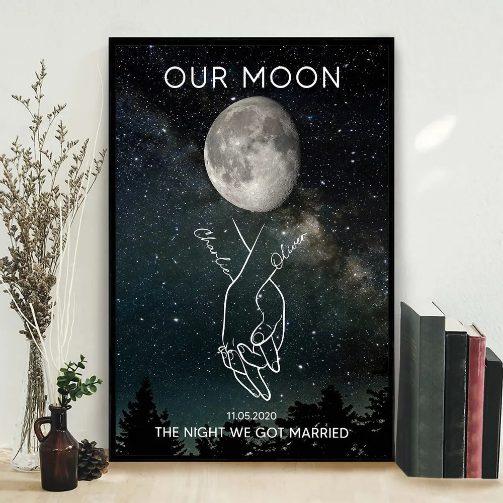 Personalized Moon Phase Poster, Couple Holding Hands Line Art on Starry Sky Wall Art, Unique Romantic Gift