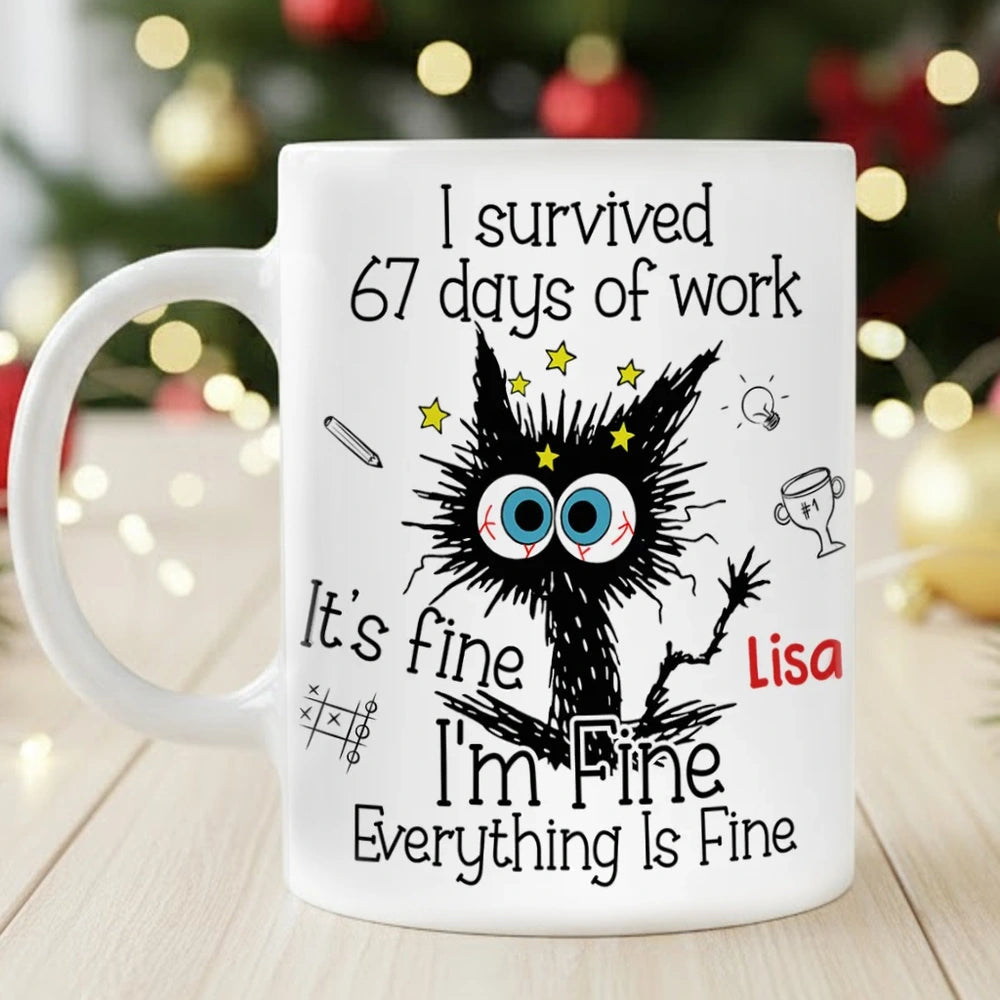 Personalized White Ceramic Mug for Workdays Survival, Funny Cat Cartoon Design, Unique Coworker Gift for Coffee & Tea Lovers
