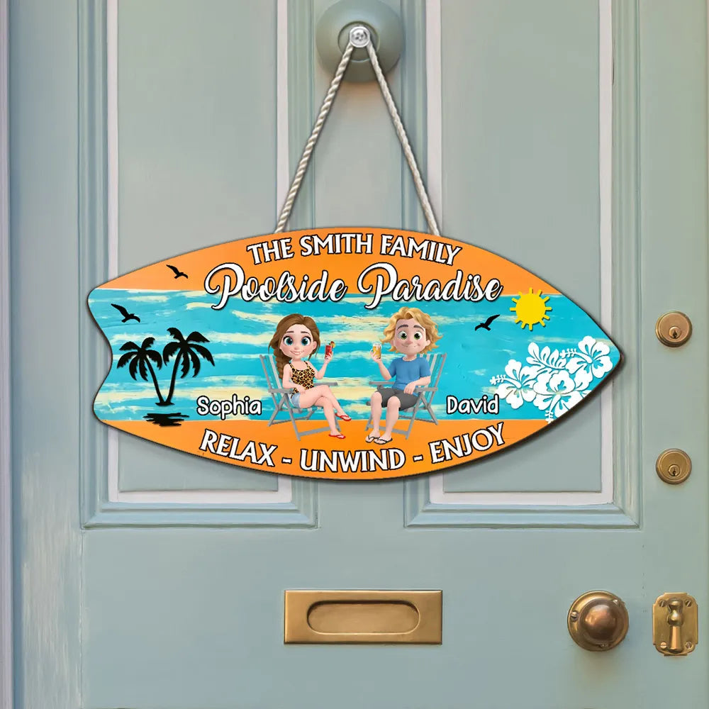 Poolside Paradise Wooden Sign, Personalized Sunny Beach Couple Illustration, Relax Unwind Enjoy, Creative Gift