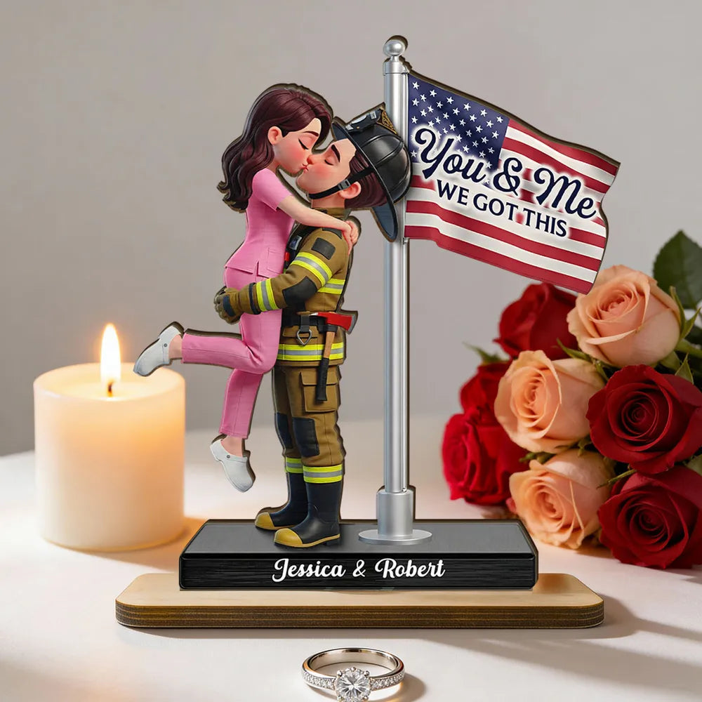 Personalized 2-Layer Wooden Plaque Hero Couple Kissing by US Flag You & Me We Got This Unique Gift for Him or Her