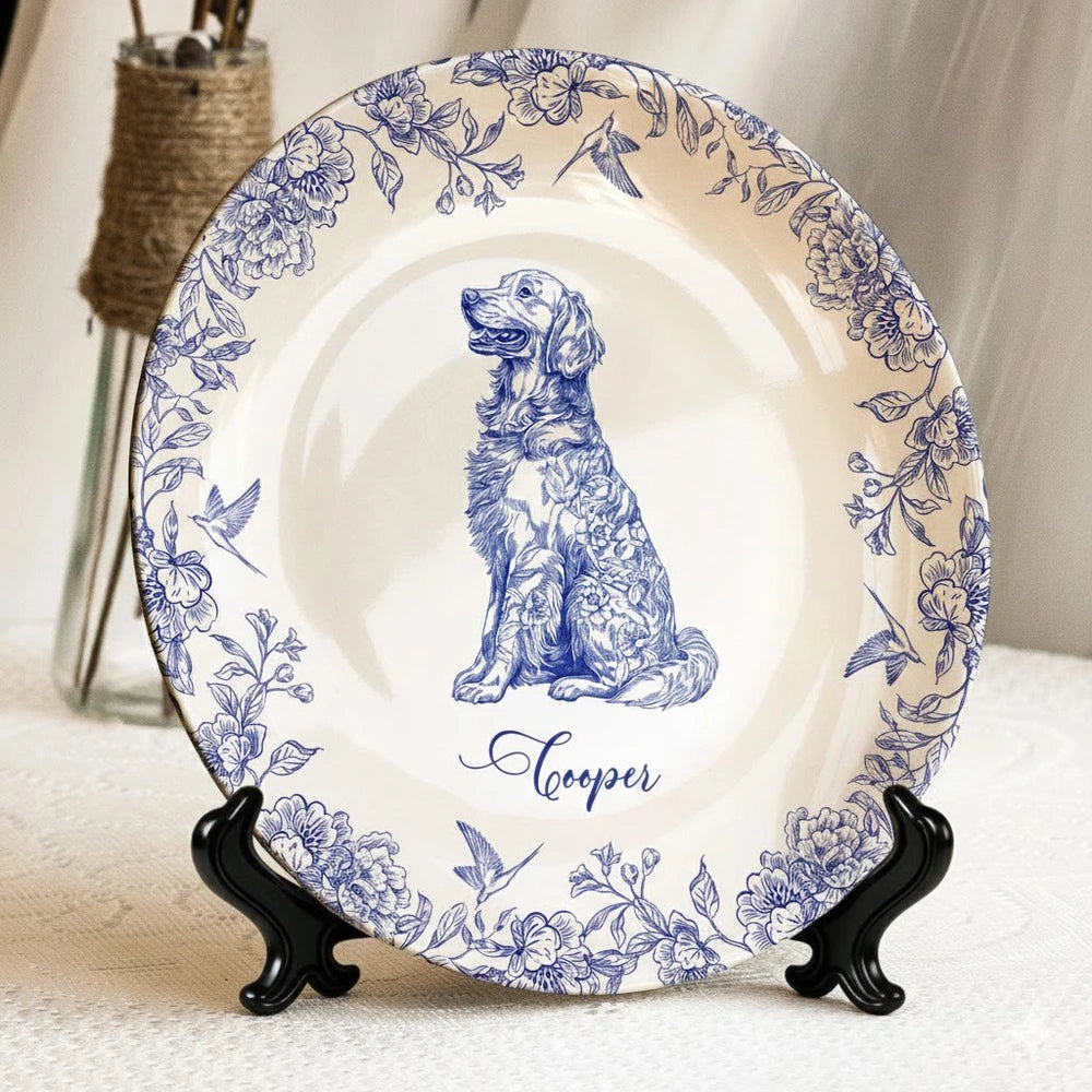 Custom Dog Lover Bone China Plaque in Toile de Jouy Style – Collectible Pet Wall Decor & Thoughtful Holiday or Anniversary Gift