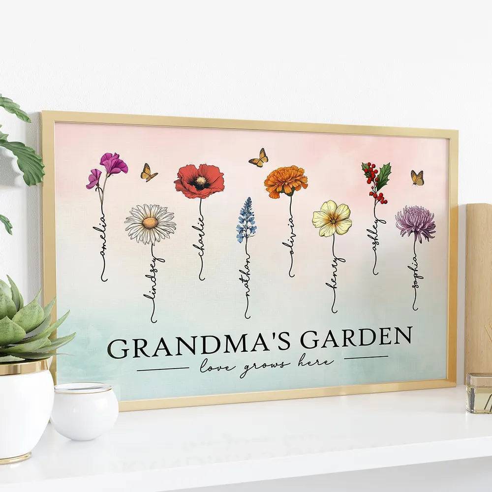 Grandma's Garden Love Grows Here Beautiful Birth Month Flower Gift For Grandma Mom Personalized Poster or Canvas, Keychain, Plaque, Wallet Card, Pillow