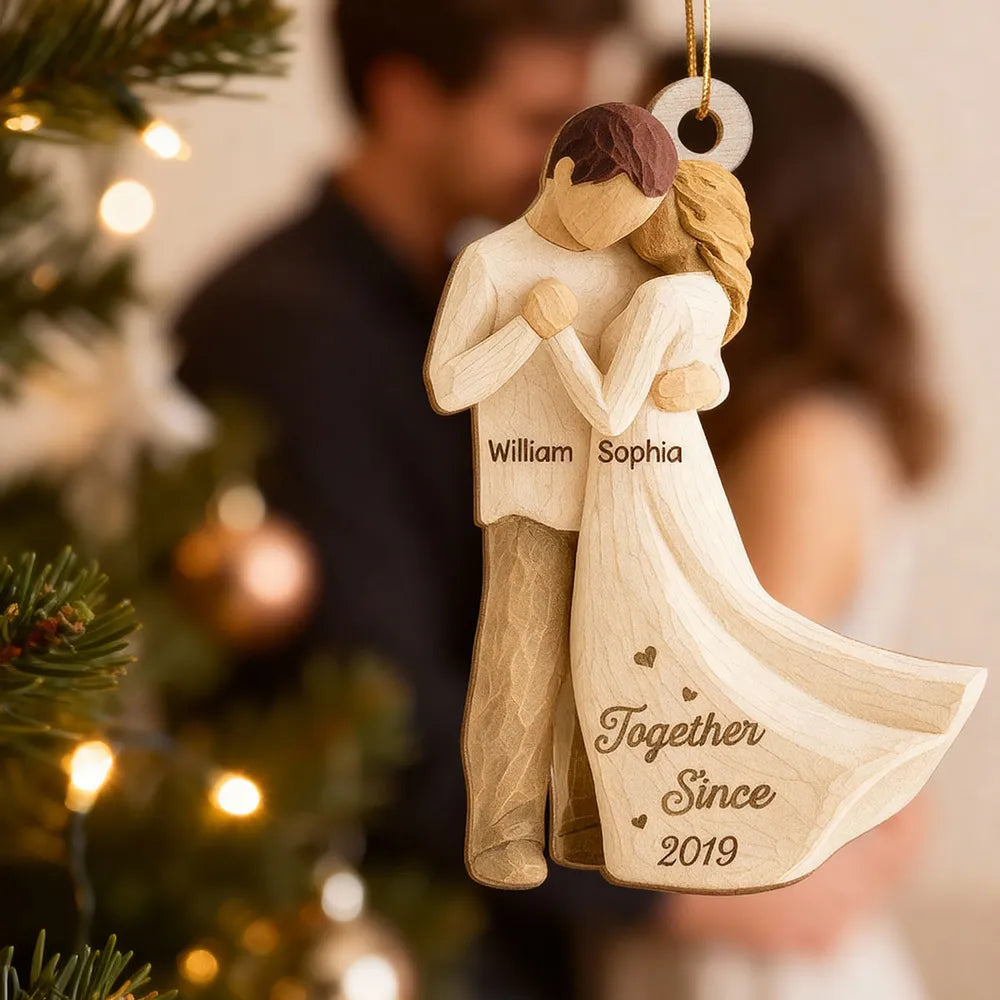 Romantic Wooden Ornament Personalized for a Couple, Sweet Hugging Design with Warm Neutrals, Unique Gift for Partner