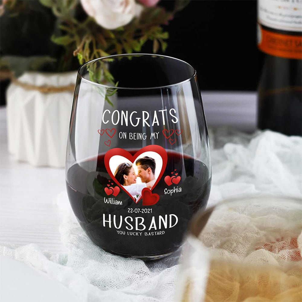 Personalized Couple Wine Glass with Photo & Hearts Congrats on Being My Husband Unique Romantic Gift