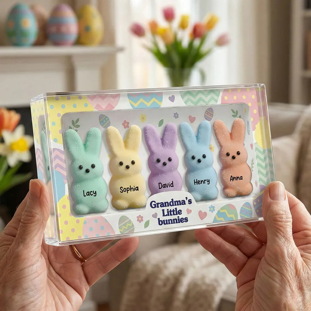 Personalized Rectangle Acrylic Block Plaque for Grandma, Pastel Easter Bunnies Desk Decor, Unique Gift She'll Love