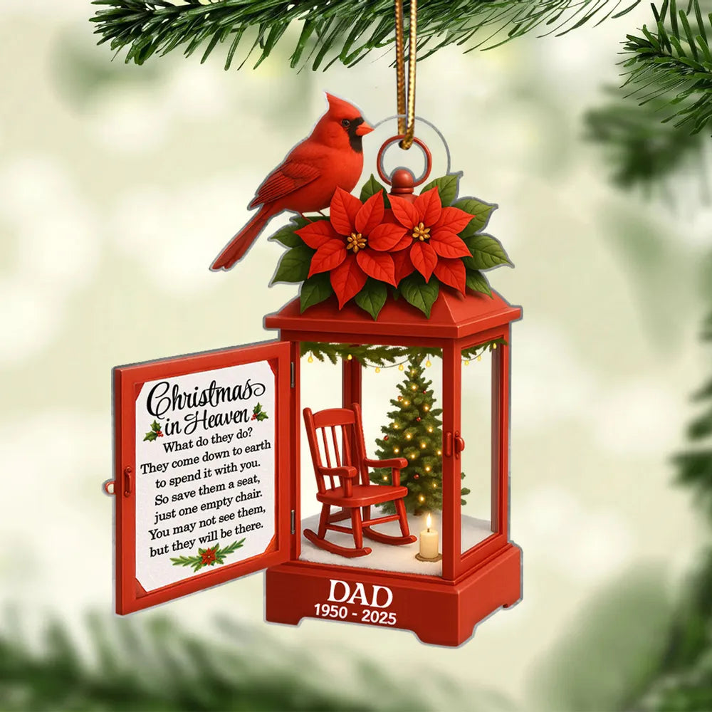 Acrylic Ornament Lantern Scene with Poinsettia and Candle – serene remembrance tree ornament, gift-ready memorial keepsake for Dad, Mom, and loved ones
