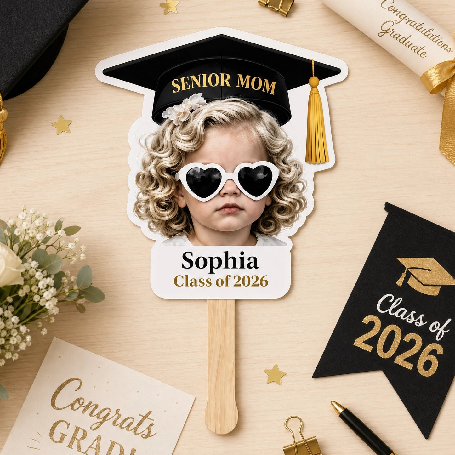 Personalized Graduation Foam Board Fan with Cap & Heart Sunglasses - Unique Congrats Gift for the Graduate