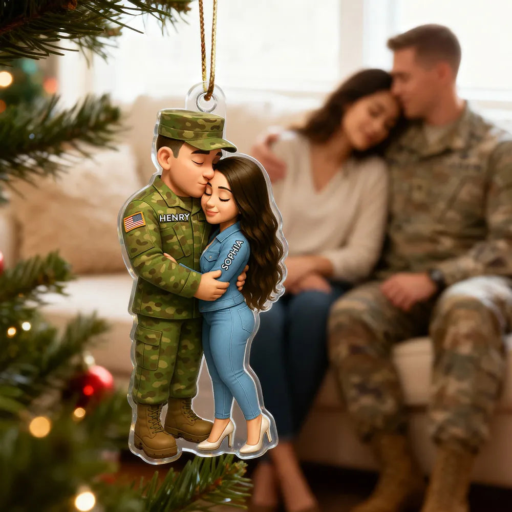 Acrylic Ornament - Custom Military Couple Hugging, Christmas Tree Decor, tender keepsake, a unique gift for Couples, Him or Her