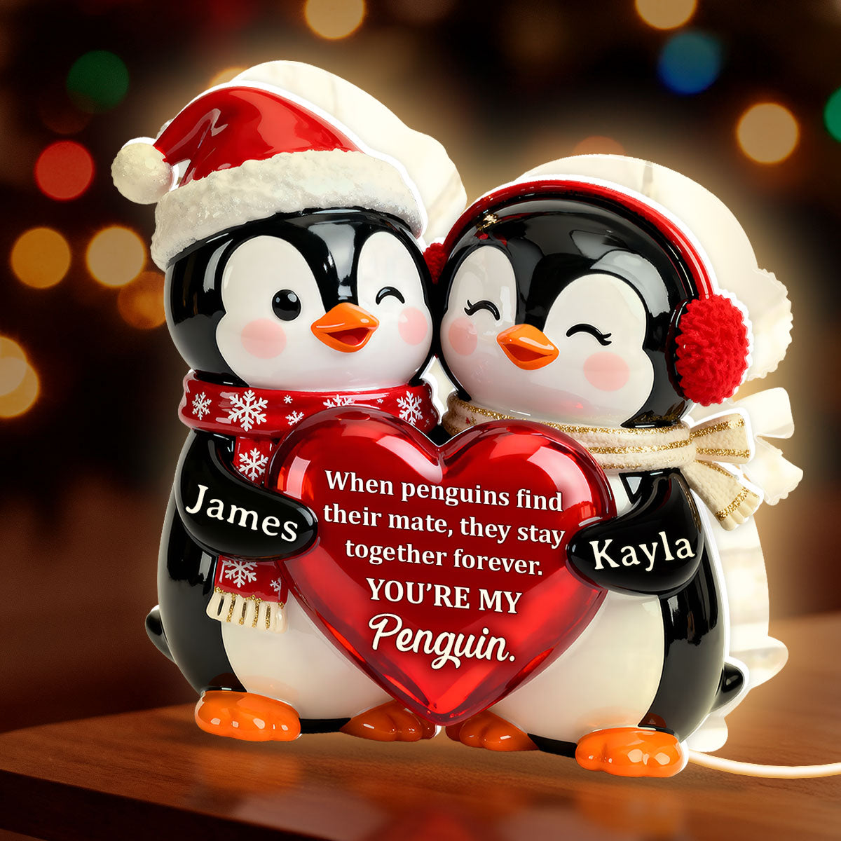 Personalized Acrylic Light Box with Cute Penguin Couple, Romantic Soft Glow Keepsake, Unique Gift for Your Partner