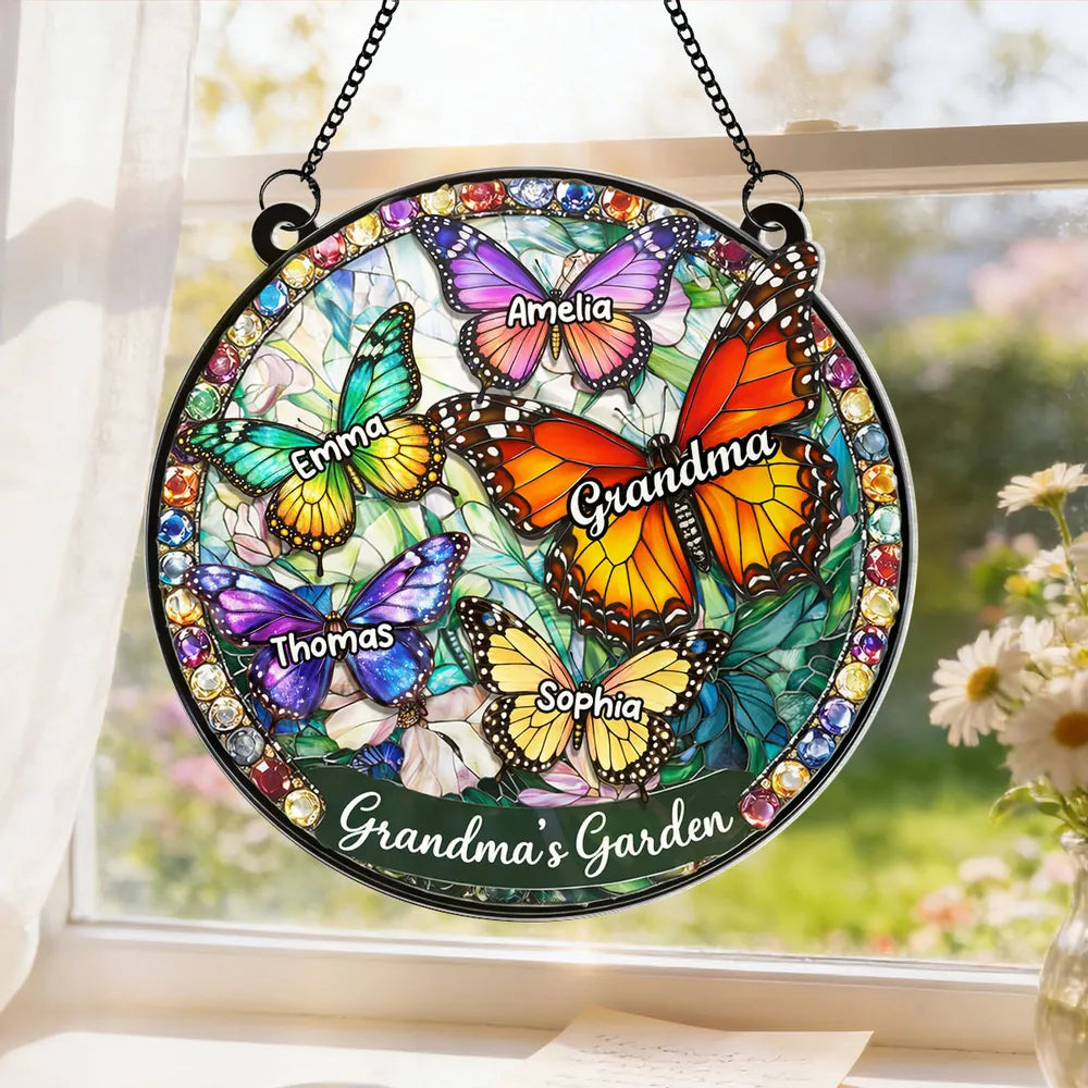 Personalized Butterfly Acrylic Suncatcher Ornament for Grandma's Window, Stained Glass Style Sunlight Reflection, Unique Gift