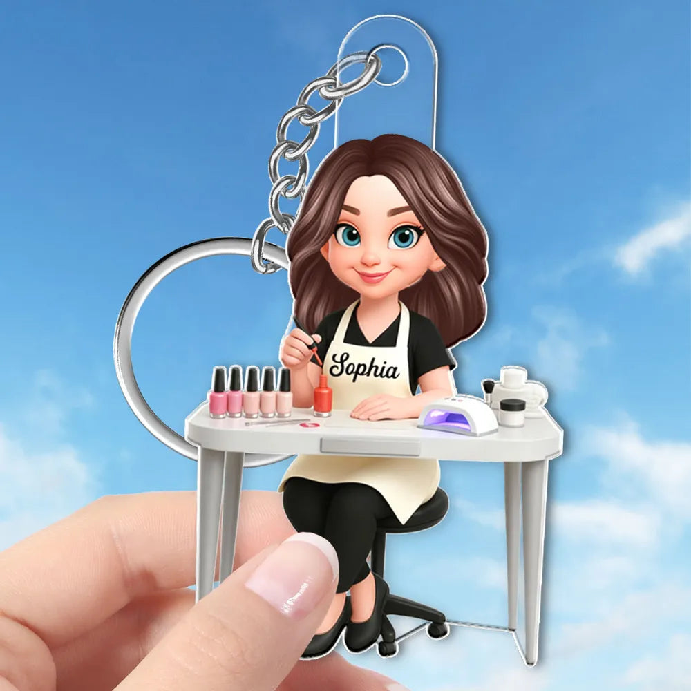 Personalized Nail Technician Acrylic Keychain, Cute Salon Desk Cartoon Charm, Unique Gift for Her