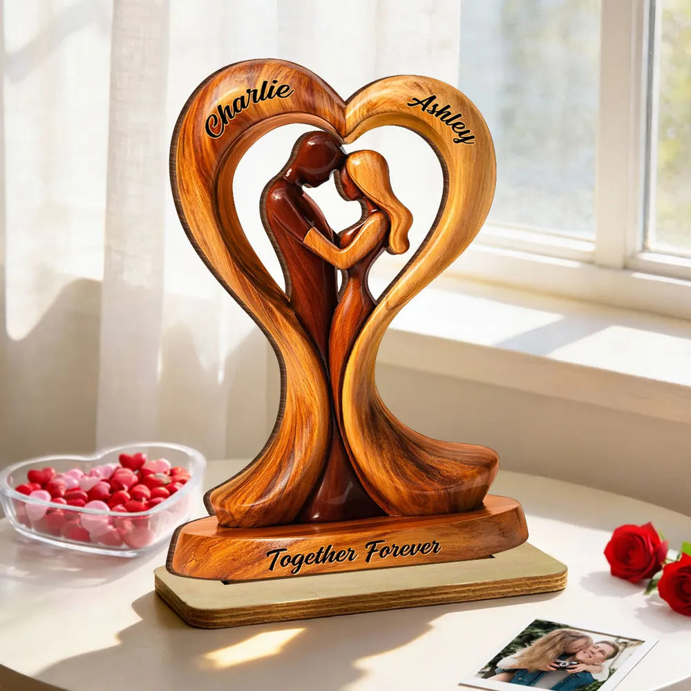 Personalized 2-Layer Wooden Plaque Heart Couple Hugging Together Forever Unique Anniversary Gift for Husband or Wife