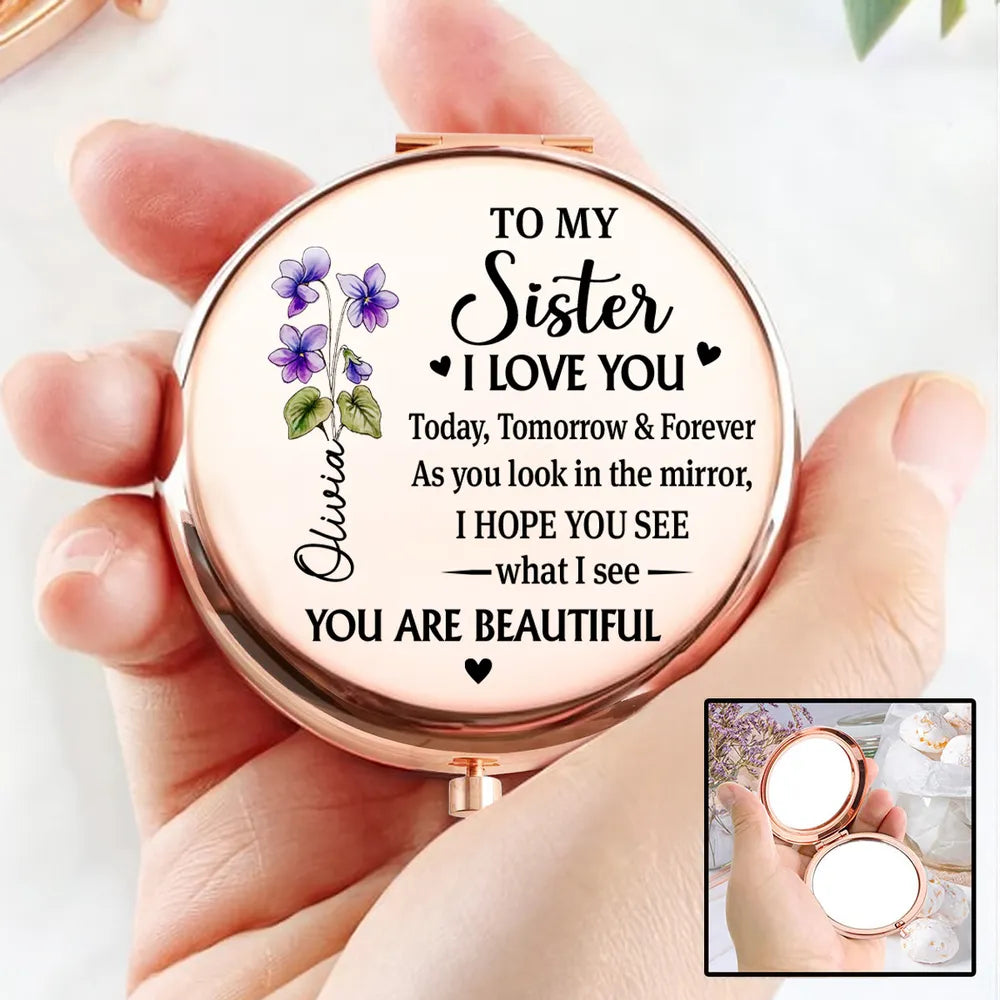 Personalized Metal Compact Mirror Sister Quote with Purple Flowers, Unique Everyday Purse Gift That Feels Heartwarming