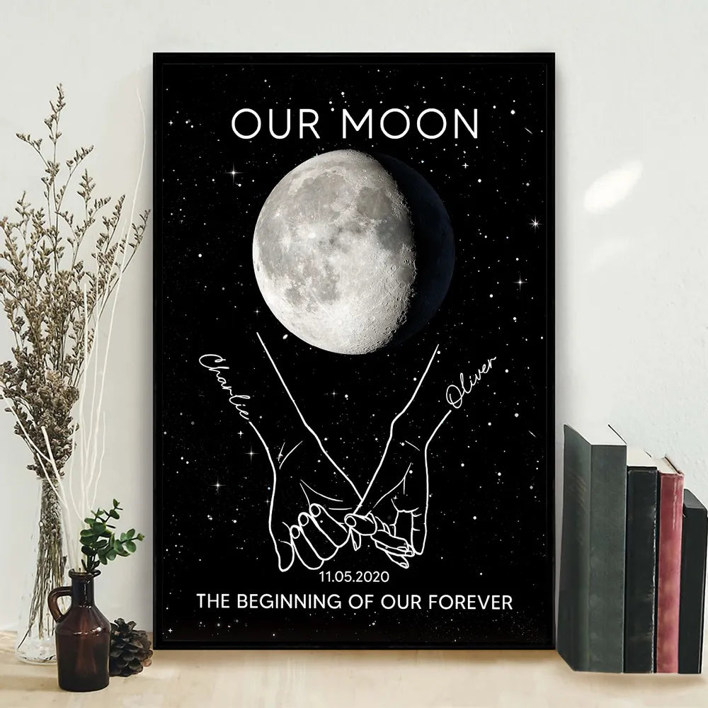 Personalized Moon Phase Couple Holding Hands Line Art Poster, Romantic Starry Night Wall Decor, Unique Gift