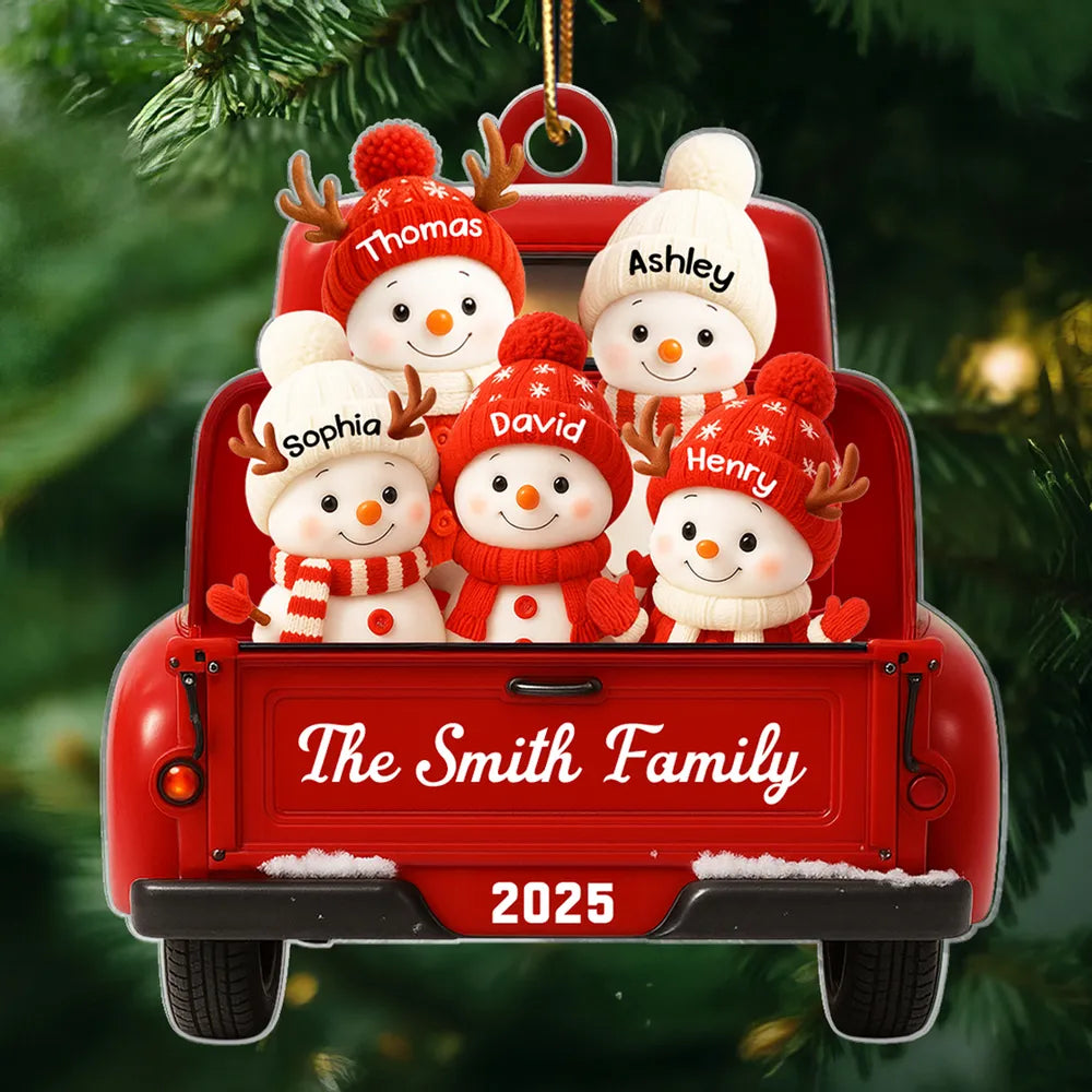 Christmas Acrylic Ornament with Snowman Family in Red Truck, Festive Holiday Décor for Tree & Home