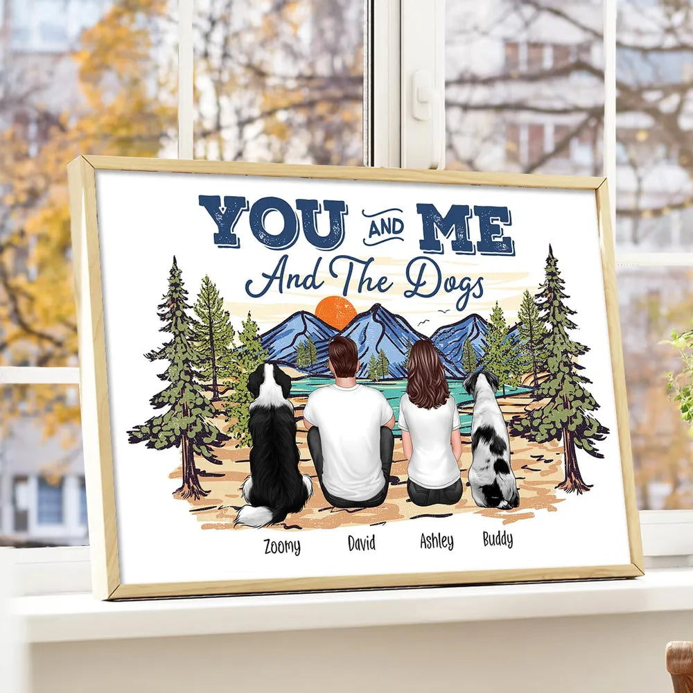 Couple with Dogs Poster Print, Scenic Mountain Landscape Design, Heartwarming Home Wall Art