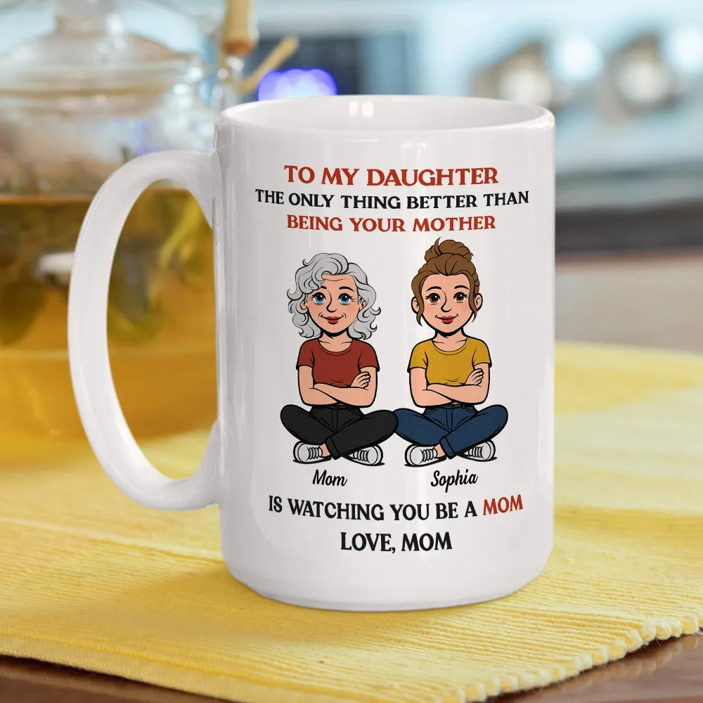 Personalized Mother-Daughter Cartoon White Ceramic Mug, Custom Names Look, Unique Mother's Day Gift for Mom