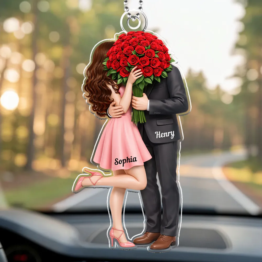 Personalized Acrylic Car Hanger Elegant Couple Hugging with Red Roses, Romantic Rearview Mirror Decor, Unique Gift for Couples