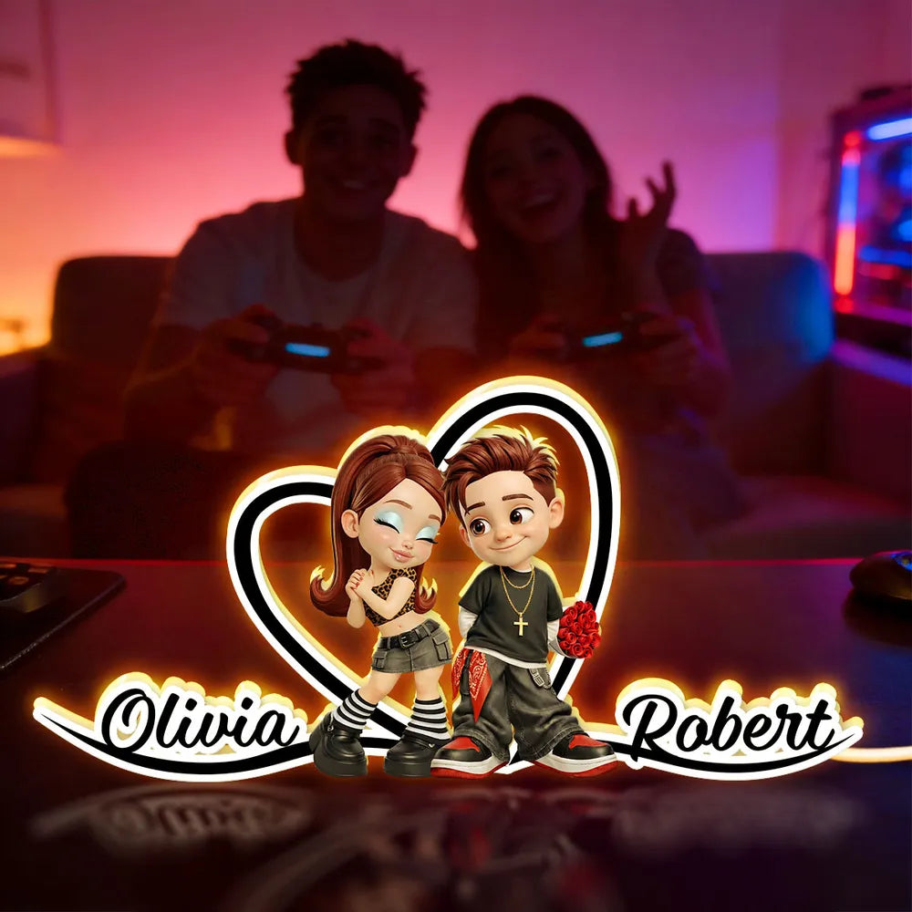 Personalized Couple Heart Acrylic Light Box, Y2K Cartoon Look for Bedroom Shelf Decor, Unique Romantic Gift for Him or Her