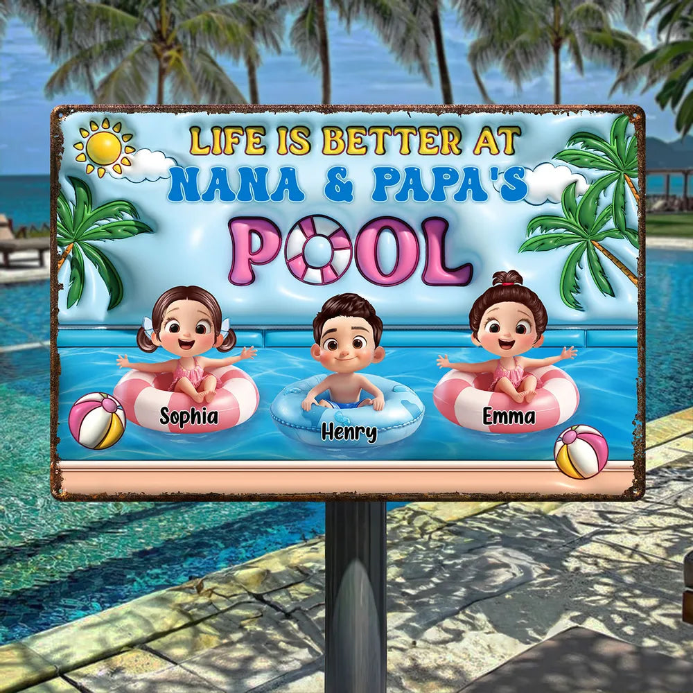 Life Is Better At Nana & Papa's Pool – Personalized Rectangular Iron Sign, Summer Poolside Gift For Grandparents
