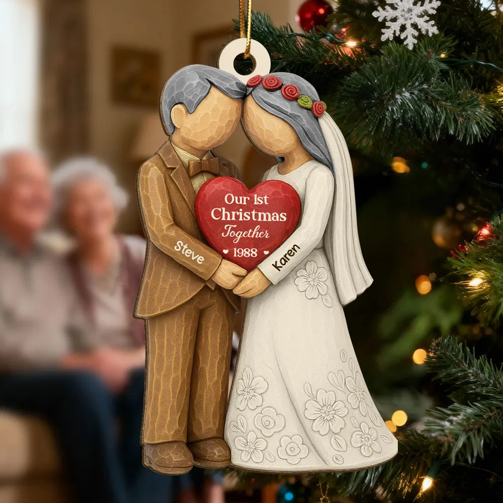 Wooden Ornament Personalized for Newlyweds, Handholding Bride and Groom Christmas Decor, Unique Gift for Couple
