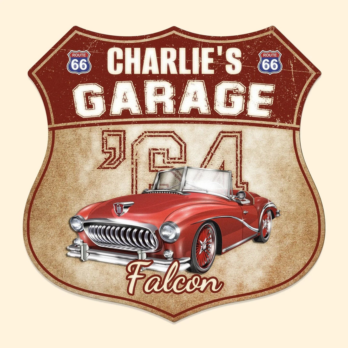 My Garage My Car Personalized Shaped Metal Sign, Vintage Route 66 Style With Classic Convertible, Unique Gift for Dad