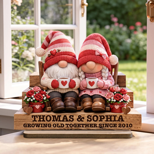 Personalized 2-Layer Wooden Plaque Gnome Couple on Bench with Heart Mugs, Cozy Home Decor, Unique Gift for Couple