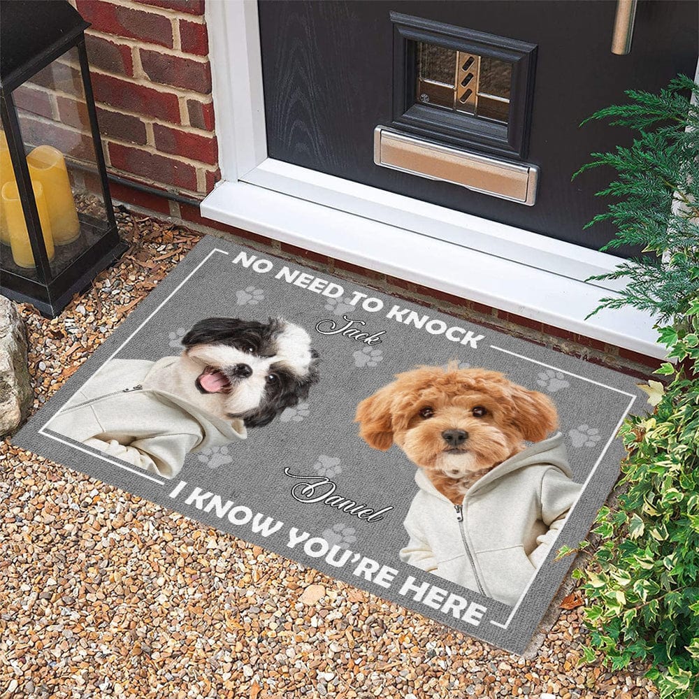 Personalized Doormat for Dog Lovers – Customizable Dog Photo Mat with Message, "No Need to Knock, I Know You’re Here", Perfect Gift for Pet Owners, Home Decor for Dog Families