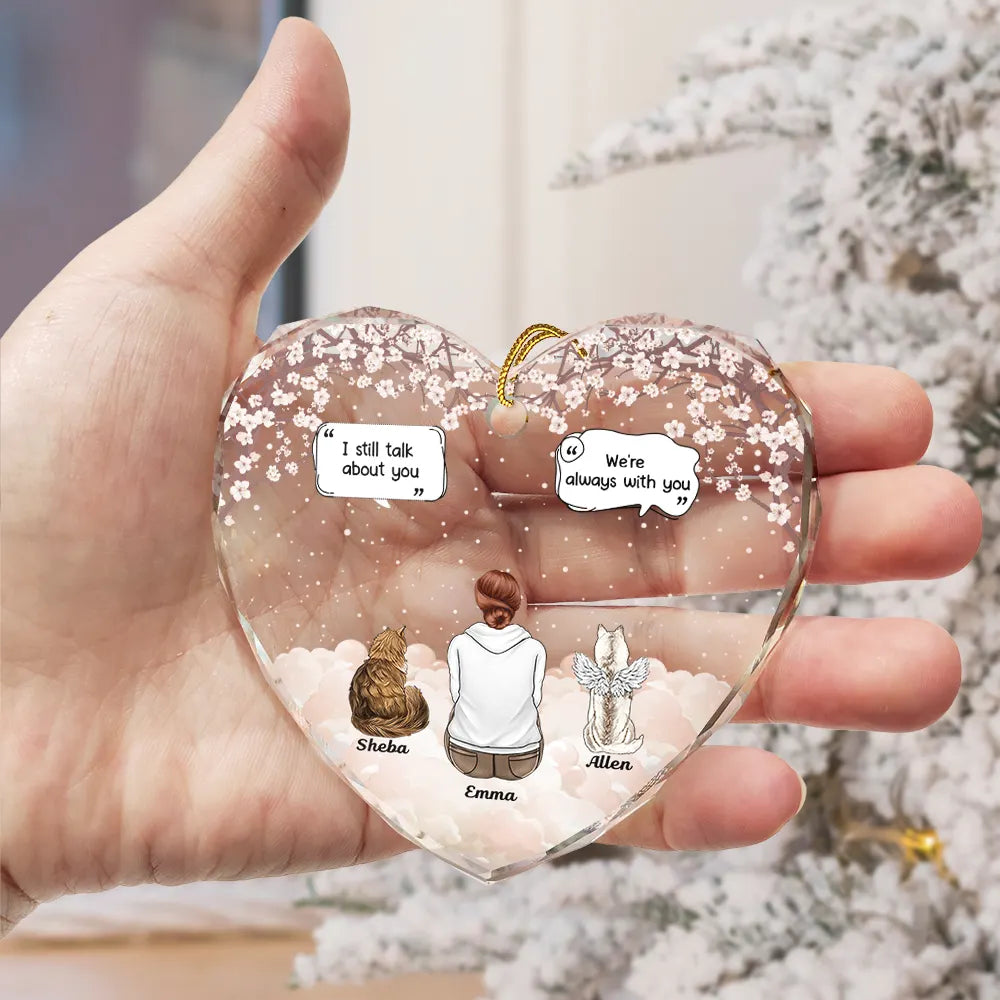 Heart Crystal Ornament with woman and angel dog in clouds, a touching memorial gift for pet lovers
