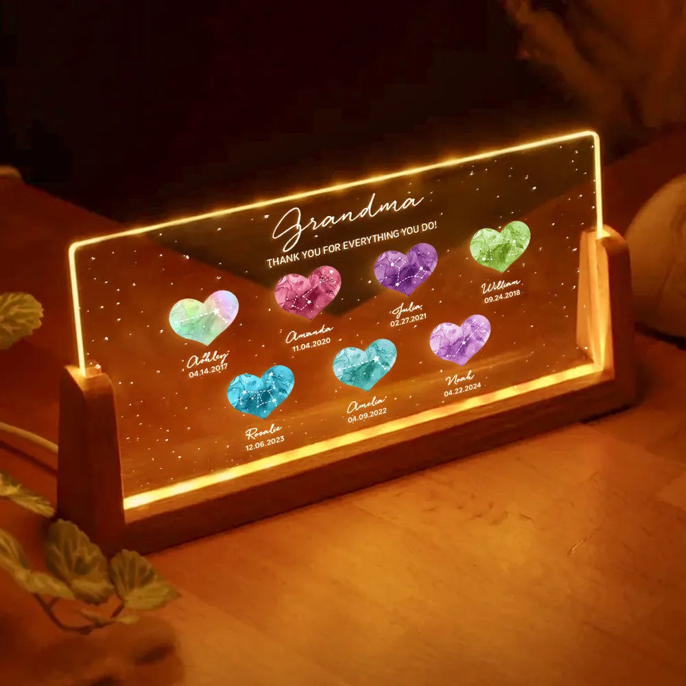 Grandma - A Heartfelt Thank You – LED Light Frame with Custom Heart Designs and Family Birthdays – Perfect Personalized Gift for Grandmothers