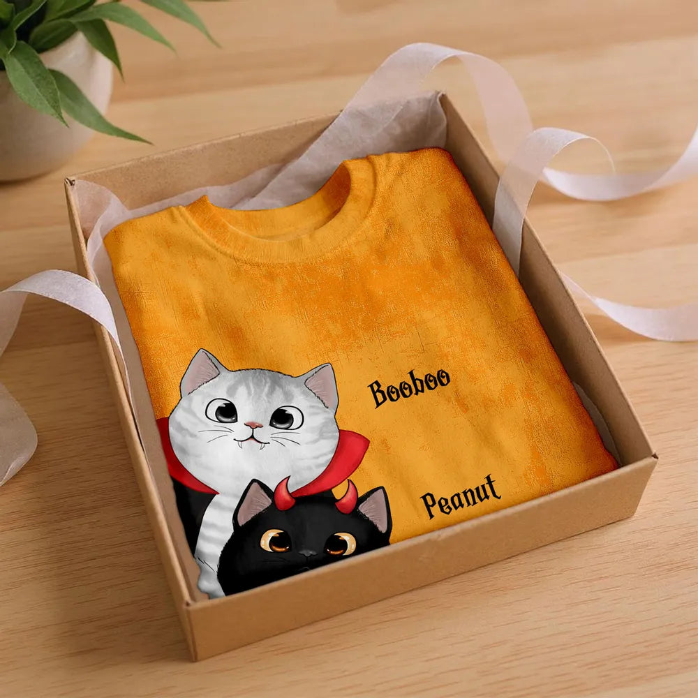 Classic Tee with Whimsical Cat Print, Halloween Vibes, Heartwarming Gift Option for Friends