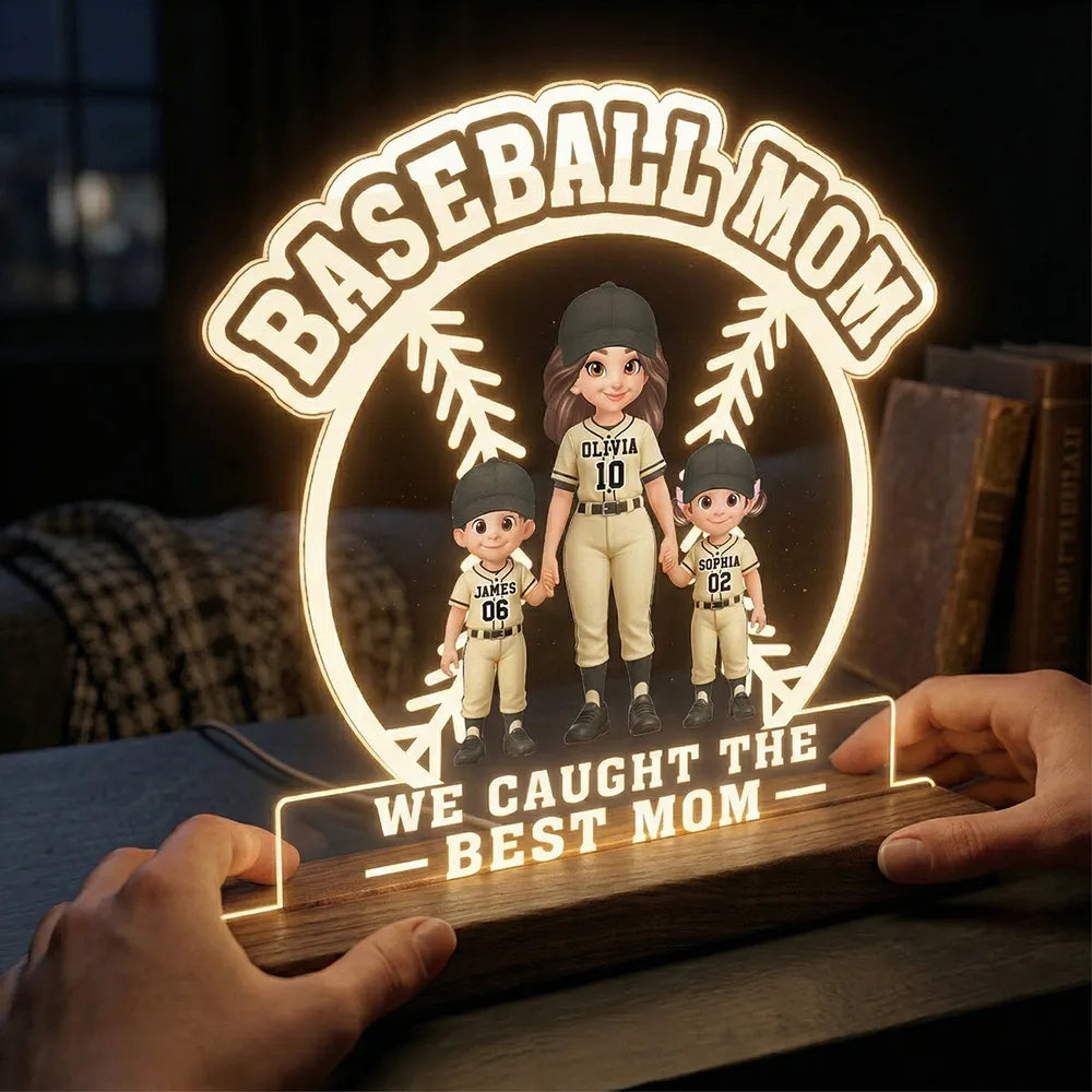 Block LED Light Plaque with Warm Glow, Custom Mom and Kids Baseball Scene, Sweet Bedside Gift for Mom