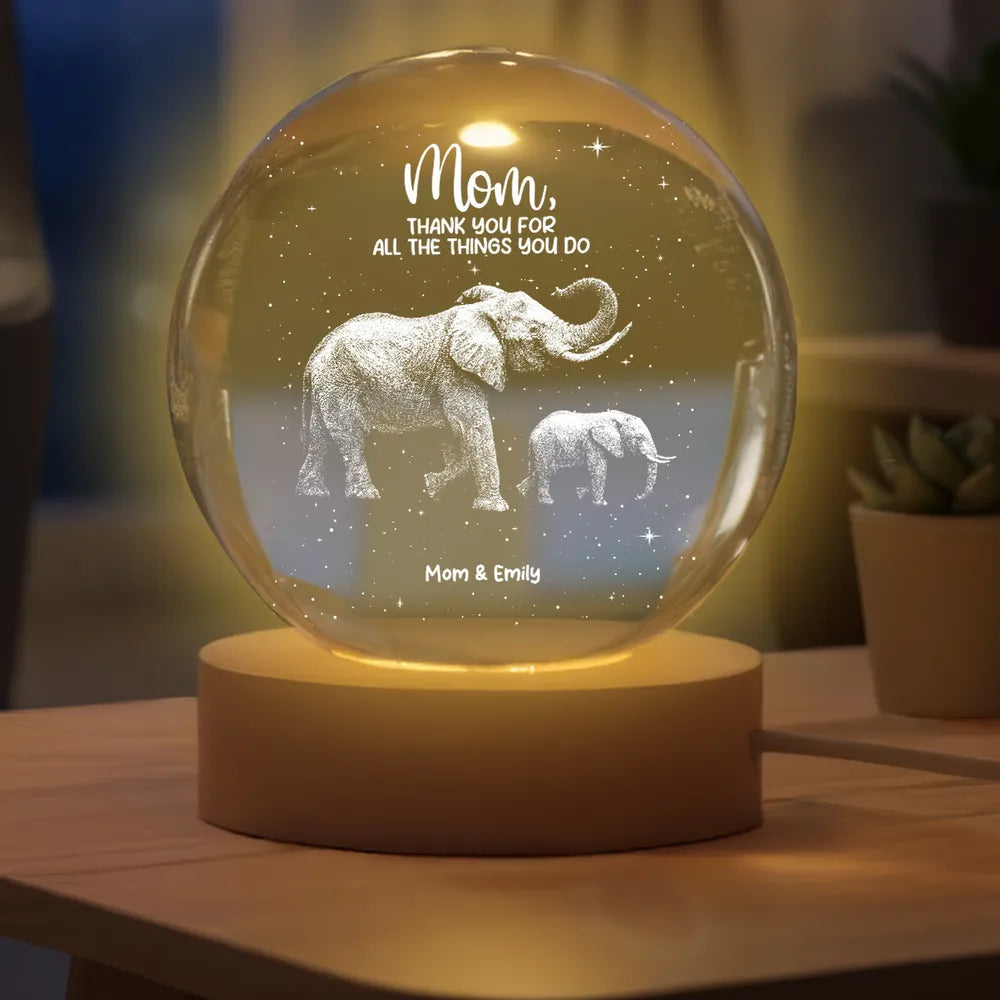 Custom Globe Lamp Night Light with Elephant Mom and Baby, Heartwarming Keepsake Gift for Mom