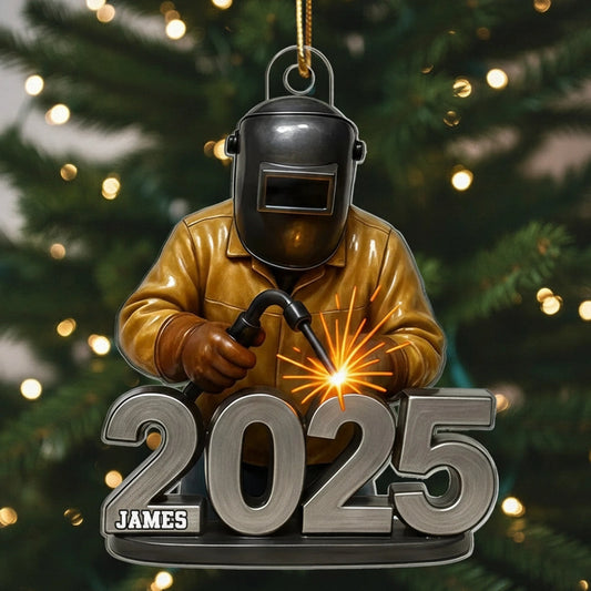 Welder Ornament with Helmet & Torch, Holiday Tree Decor with Bright Sparks, a unique gift for Metalworkers & Mechanics