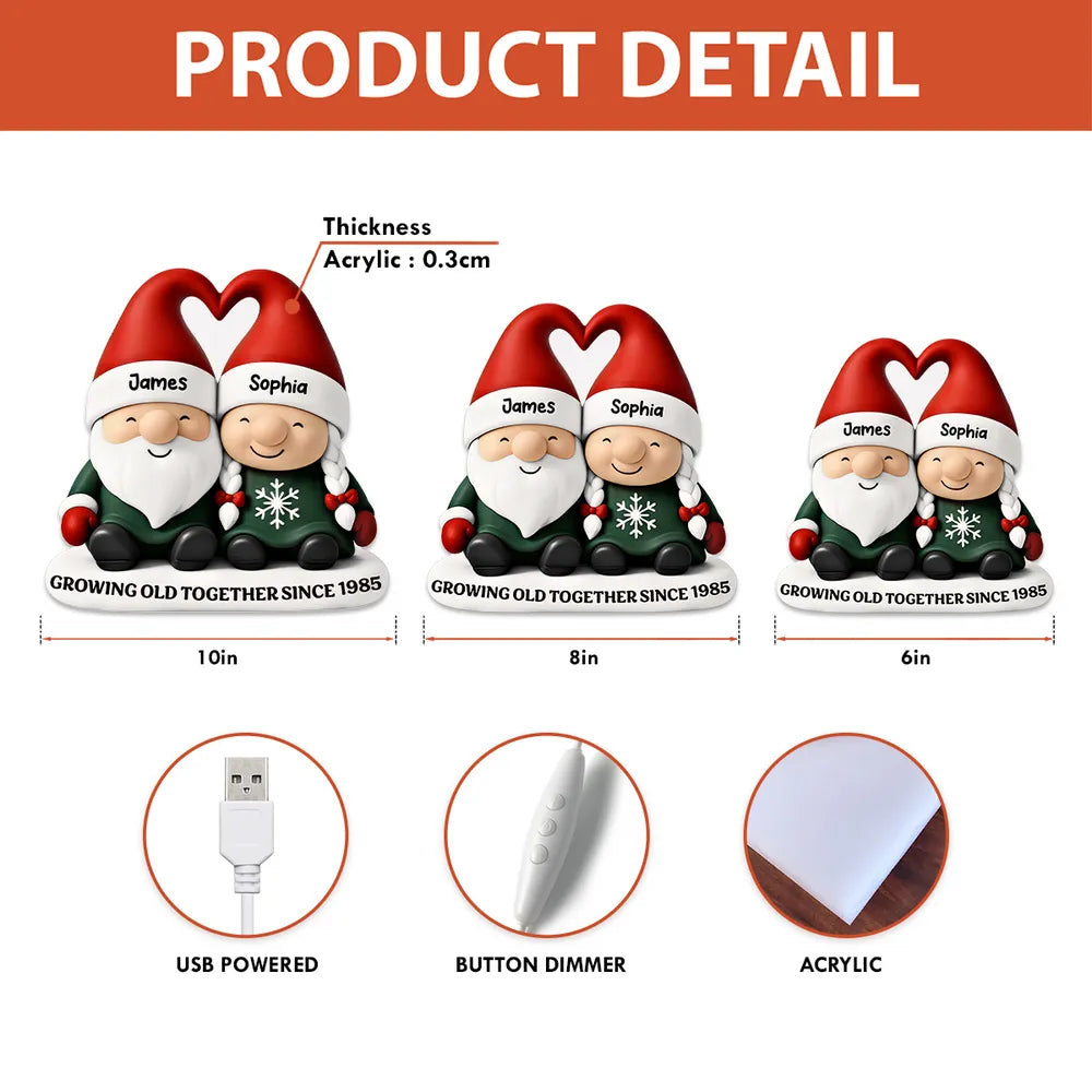 Acrylic Light Box, Christmas Gnome Couple Warm Glow for Bedroom & Shelf, Growing Old Together, Unique Gift for Couples