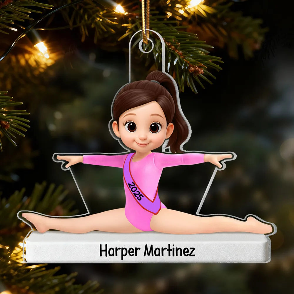 Personalized Acrylic Ornament Cute Cartoon Gymnast in Split Pose, Pink Leotard Keepsake, Unique Gift for Gymnast