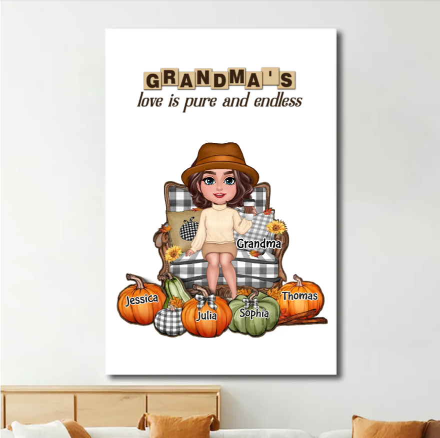"Personalized Grandma's Autumn Pumpkin Ornament, Poster, Keychain, Plaque, Pillow & Blanket and Cup - A Heartwarming Gift for Loved Ones"