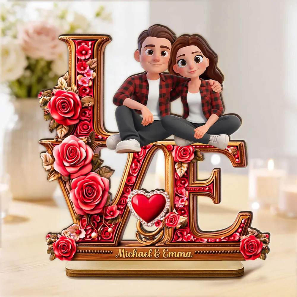 Personalized 2-Layer Wooden Plaque with Cartoon Couple Sitting on LOVE Roses - Unique Romantic Gift for Her or Him