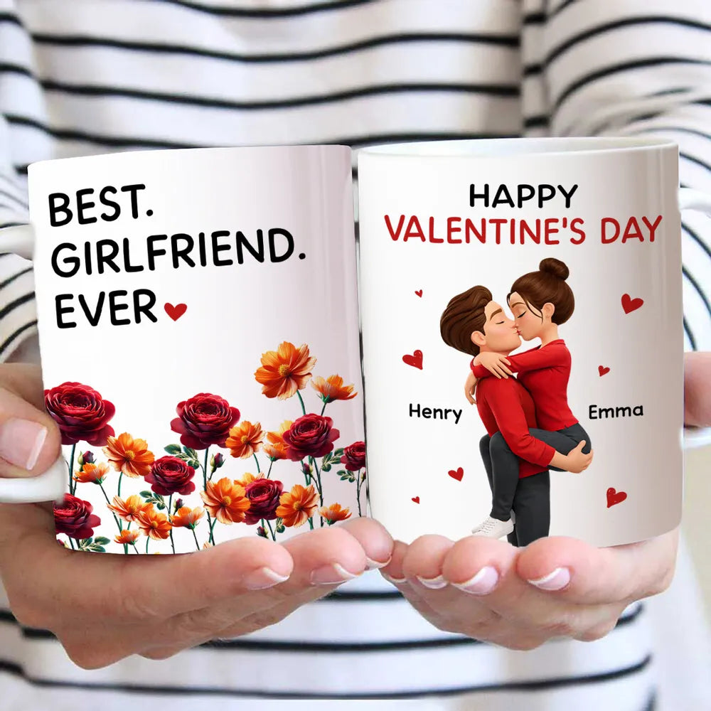 Personalized Valentine's Day Couple Kissing White Ceramic Mug with Birth Flowers, Cute Romantic Gift for Girlfriend or Boyfriend