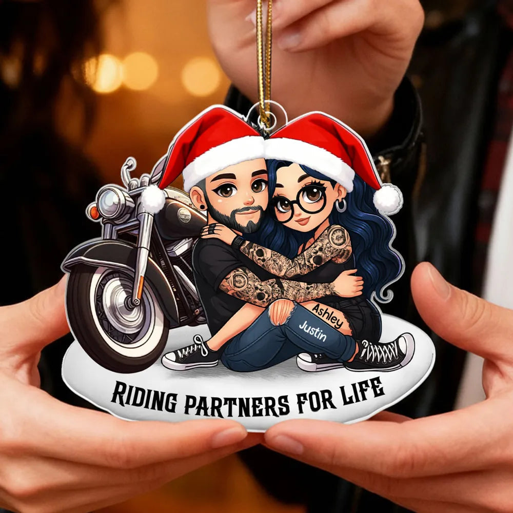 Acrylic Ornament Personalized for Riding Partners, Hugging Biker Couple on a Motorcycle, Unique Romantic Gift